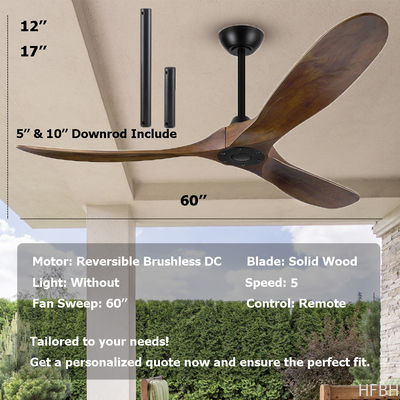60 Inch Matte Black Ceiling Fan With Dark Walnut , Solid Wood Blade Ceiling Fan No Light