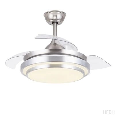 Modern 36 42 Inch Silver Retractable Ceiling Fan with LED Light 3 Blades Remote Control Switch Hidden Blades