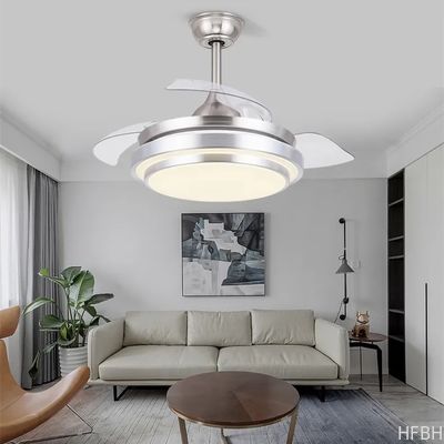 Modern 36 42 Inch Silver Retractable Ceiling Fan with LED Light 3 Blades Remote Control Switch Hidden Blades