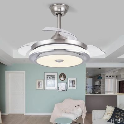 Modern 36 42 Inch Silver Retractable Ceiling Fan with LED Light 3 Blades Remote Control Switch Hidden Blades
