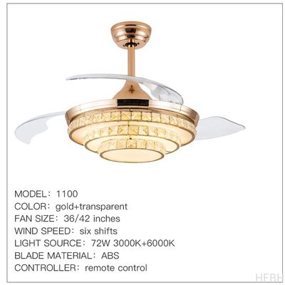 HFBH Model1268B Entry lux Modern Crystal 42 Inches Golden Ceiling Light with Fan