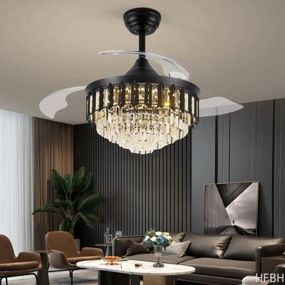 Luxury Remote Control Retractable Invisible Fan Blade Golden Ceiling Fan Light