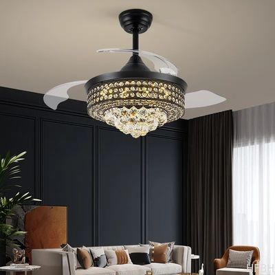 Luxury Remote Control Retractable Invisible Fan Blade Golden Ceiling Fan Light