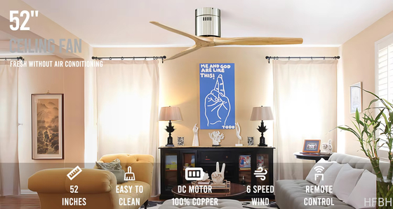 52 Inch Fan Light Ventilador De Techo Living Room Indoor Bldc Smart Modern 3 Blades Wooden Ceiling Fan with Light and Remote