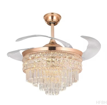 Nordic Modern Dc Remote Control Glod Retractable Invisible Round K9 Crystal Chandelier Led Ceiling Fan With Light
