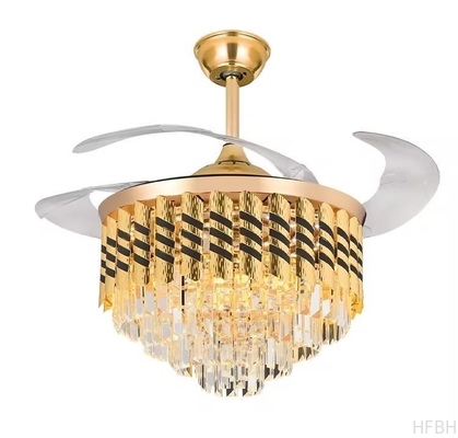 Nordic Modern Dc Remote Control Glod Retractable Invisible Round K9 Crystal Chandelier Led Ceiling Fan With Light
