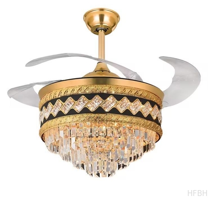Nordic Modern Dc Remote Control Glod Retractable Invisible Round K9 Crystal Chandelier Led Ceiling Fan With Light