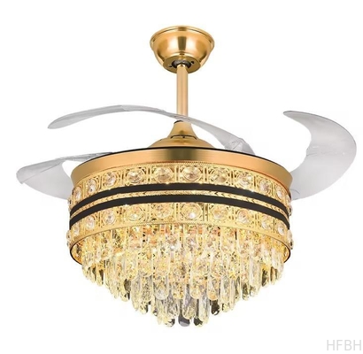 Nordic Modern Dc Remote Control Glod Retractable Invisible Round K9 Crystal Chandelier Led Ceiling Fan With Light