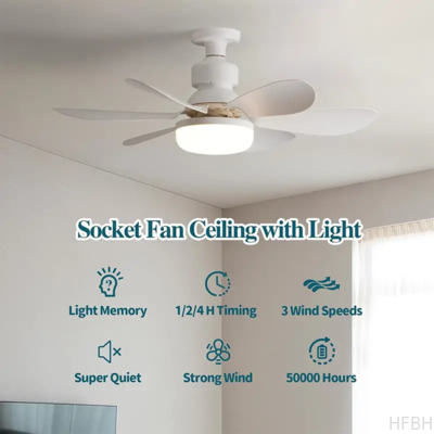 Socket Fan Light with Remote E27 Base 20.5'' Small Screw in Ceiling Fans with Lights 3 Speeds and 3 Color Dimmable Fan Light Bulb