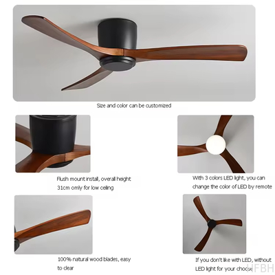 Remote or Wifi Tuya App Residential Low Profile Flush Mount Propeller Wood Blades Energy Saving Ceiling Fan for Low Ceiling