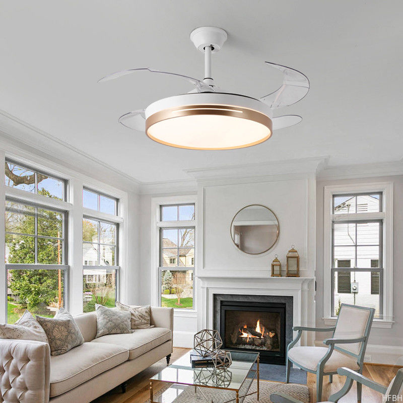 Invisible Retractable Ceiling Fan Chandelier 52 Inch Round Dimmable LED Ceiling Fan