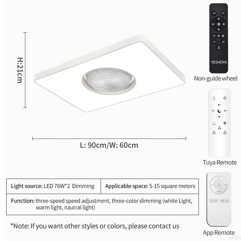 90cm Rectangle Modern LED Ceiling Fan Remote Control Bladeless Flush Mount for Living Room Bedroom Children's Invisible