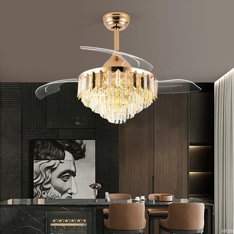 HFBH Model1268B Entry lux Modern Crystal 42 Inches Golden Ceiling Light with Fan
