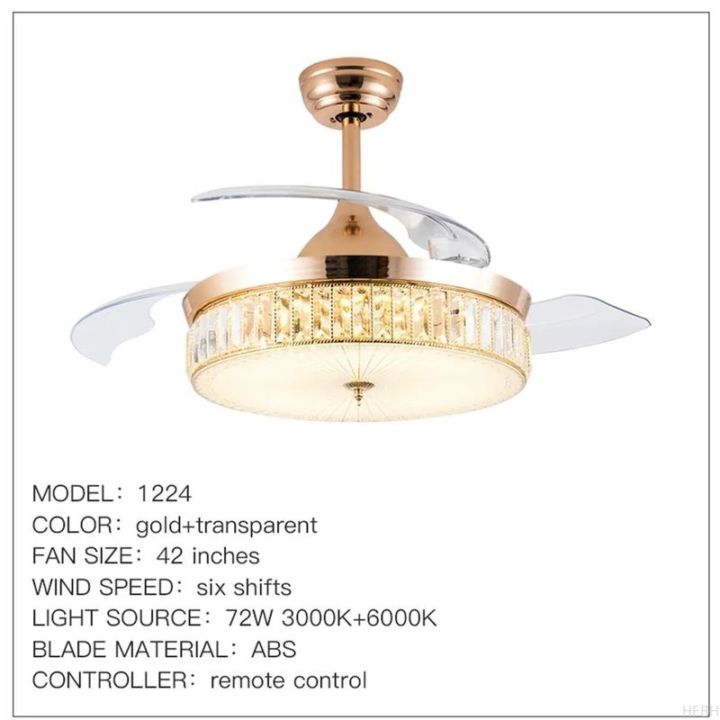Tricolor Dimming Black Luxury Crystal Ceiling Fan Light with Remote Control