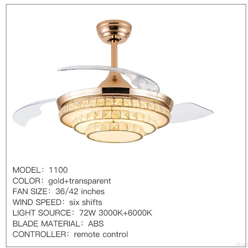 Tricolor Dimming Black Luxury Crystal Ceiling Fan Light with Remote Control