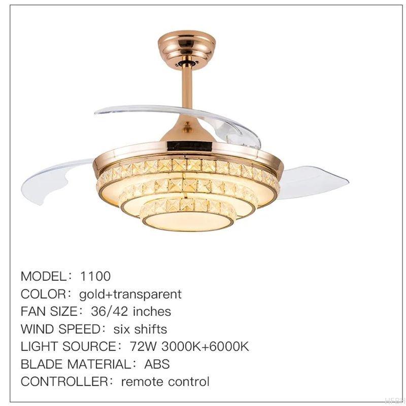 HFBH Model1268B Entry lux Modern Crystal 42 Inches Golden Ceiling Light with Fan