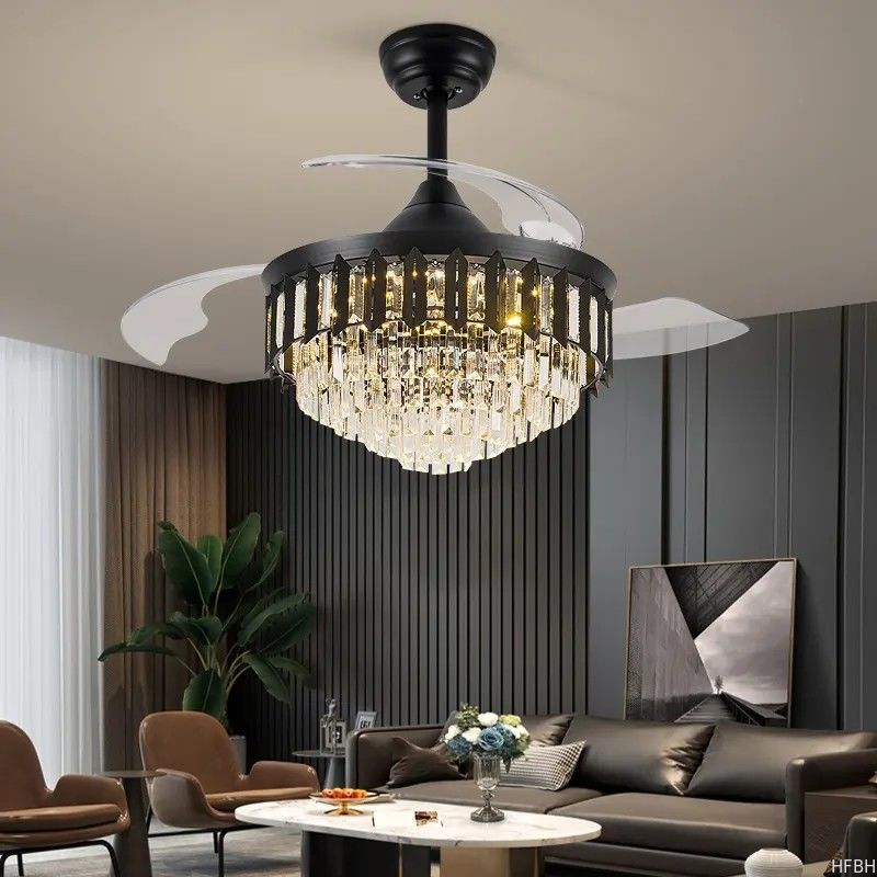 Luxury Remote Control Retractable Invisible Fan Blade Golden Ceiling Fan Light
