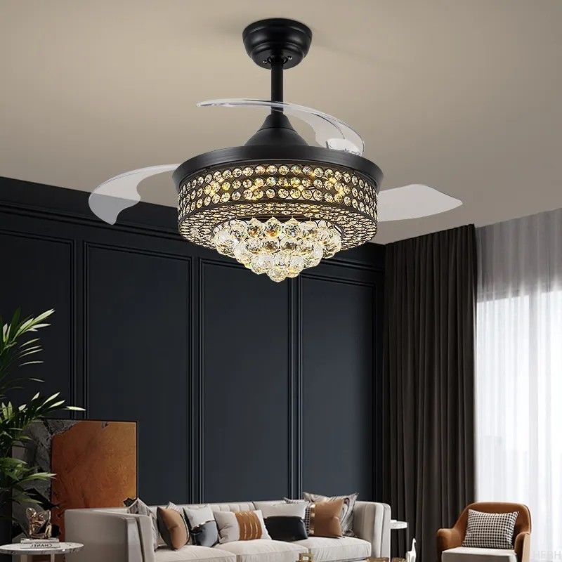 Luxury Remote Control Retractable Invisible Fan Blade Golden Ceiling Fan Light