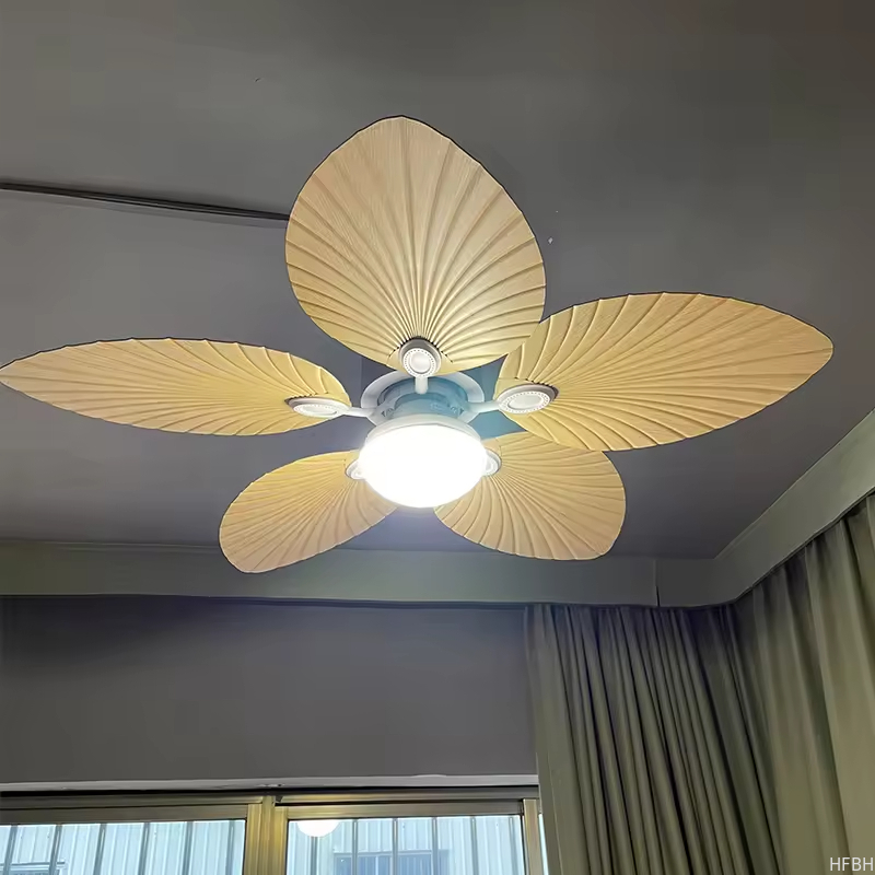 220v Tropical Retro Decorative Fancy Fan Ceilling 5 ABS Palm Leaf Blades Dc Bldc Remote Control Celling Fan With Light
