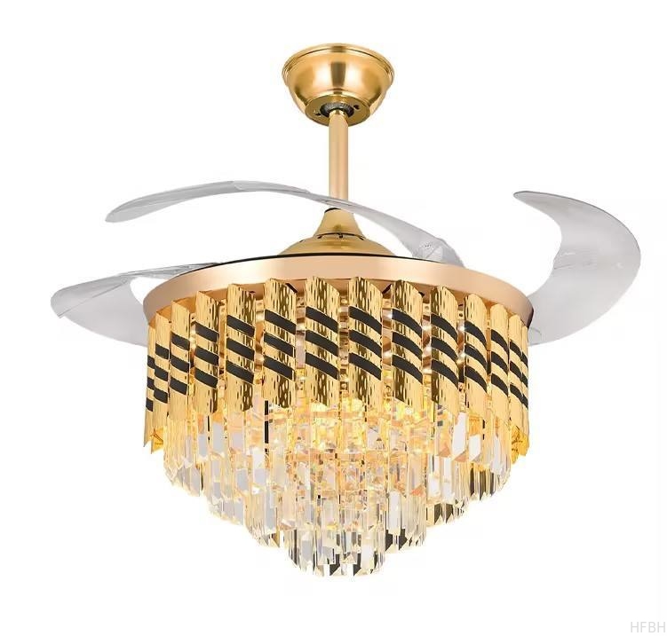 Nordic Modern Dc Remote Control Glod Retractable Invisible Round K9 Crystal Chandelier Led Ceiling Fan With Light