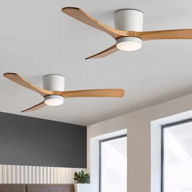 Remote or Wifi Tuya App Residential Low Profile Flush Mount Propeller Wood Blades Energy Saving Ceiling Fan for Low Ceiling