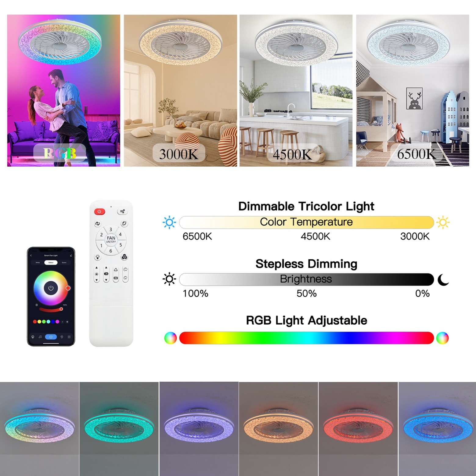 72W Super Bright APP LED Smart Ceiling Fan Light For Bedroom Apartment Villa