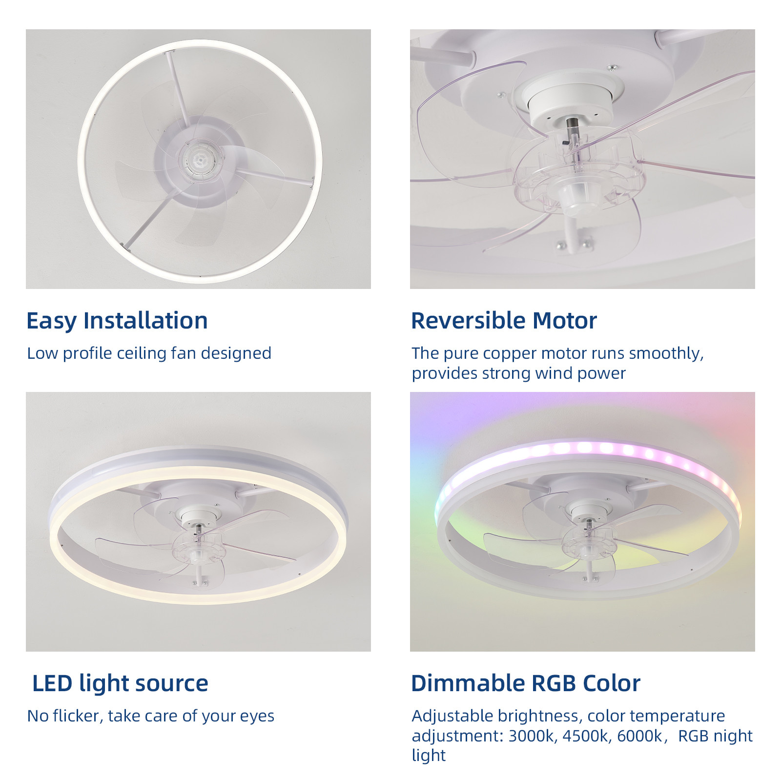 20 Inch Flush Mount Ceiling Fan Light , Bedroom White Fandelier Ceiling Fan With Light