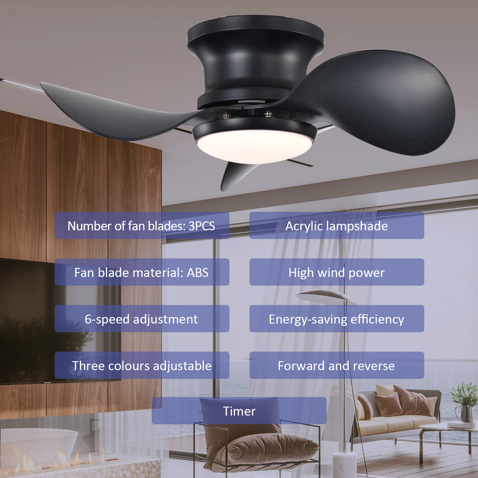 Dimmable LED Flush Mount Ceiling Fan With LED Light Customized