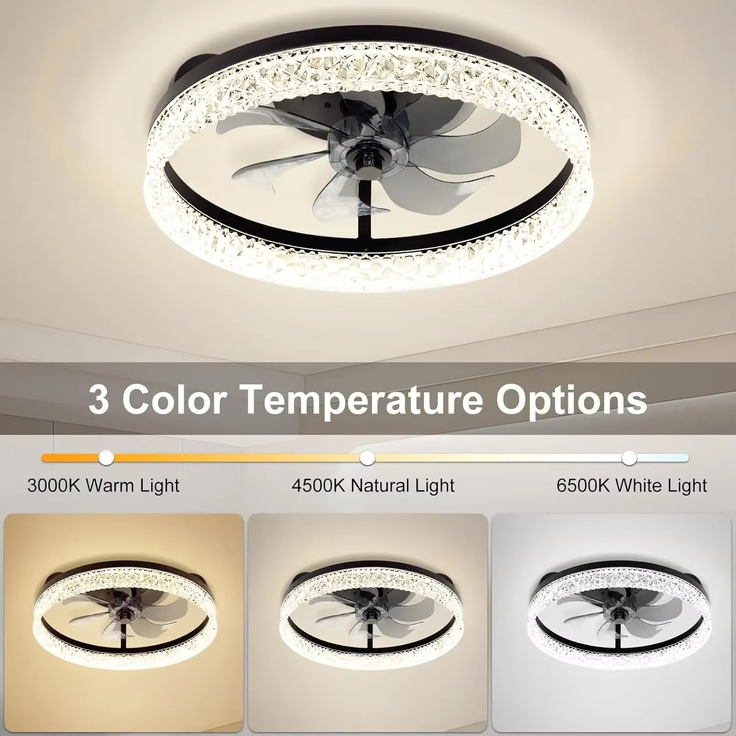 Round K9 Crystal Flush Mount Ceiling Fan Light With Remote Control