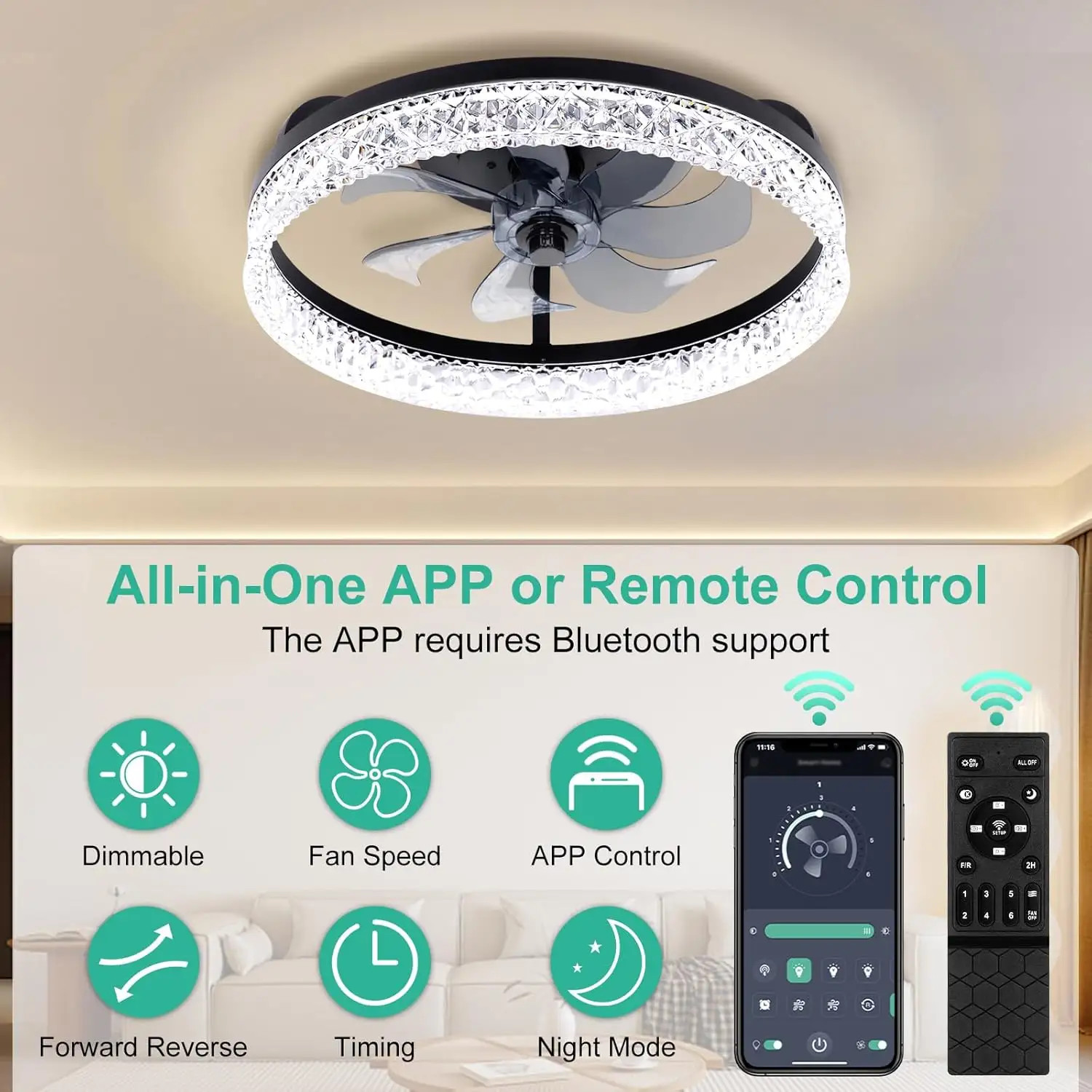 Round K9 Crystal Flush Mount Ceiling Fan Light With Remote Control