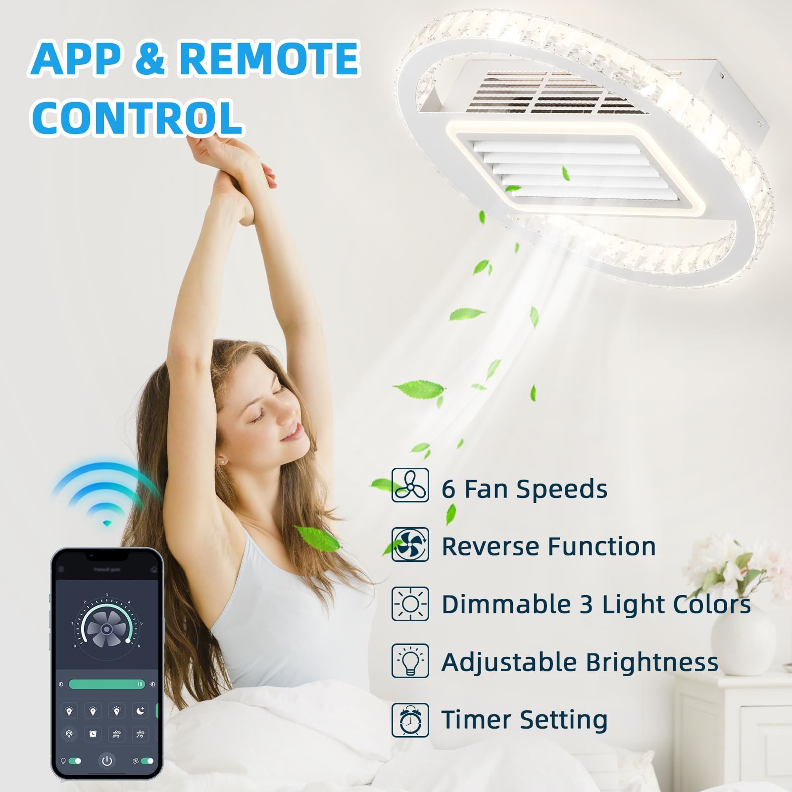 Bladeless 6 Speeds Dimmable Flush Mount Ceiling Fan With Light And Remote
