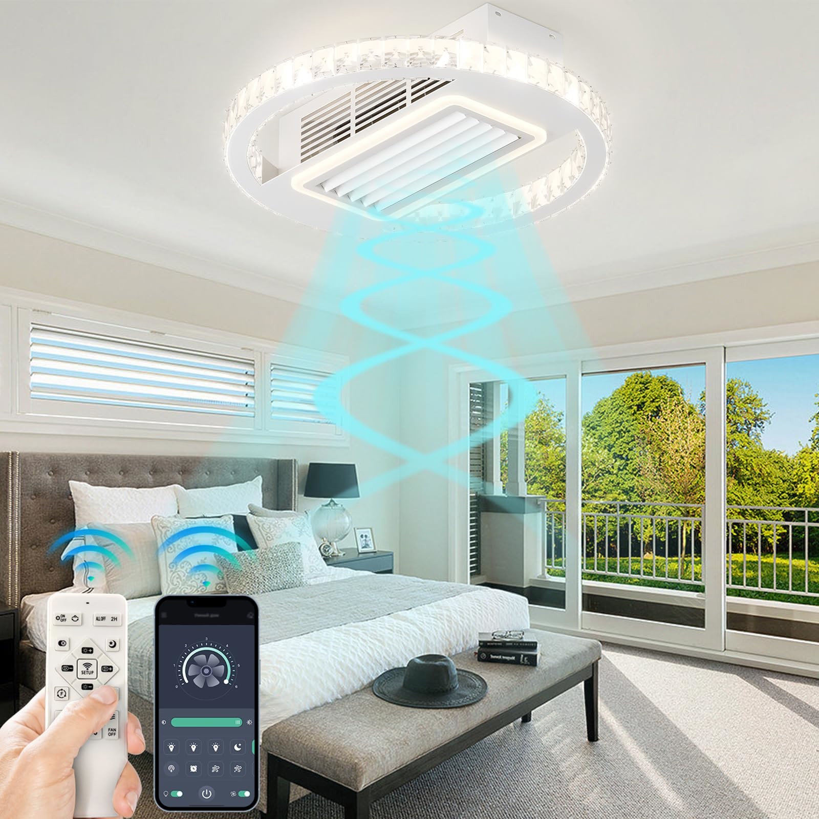 Bladeless 6 Speeds Dimmable Flush Mount Ceiling Fan With Light And Remote