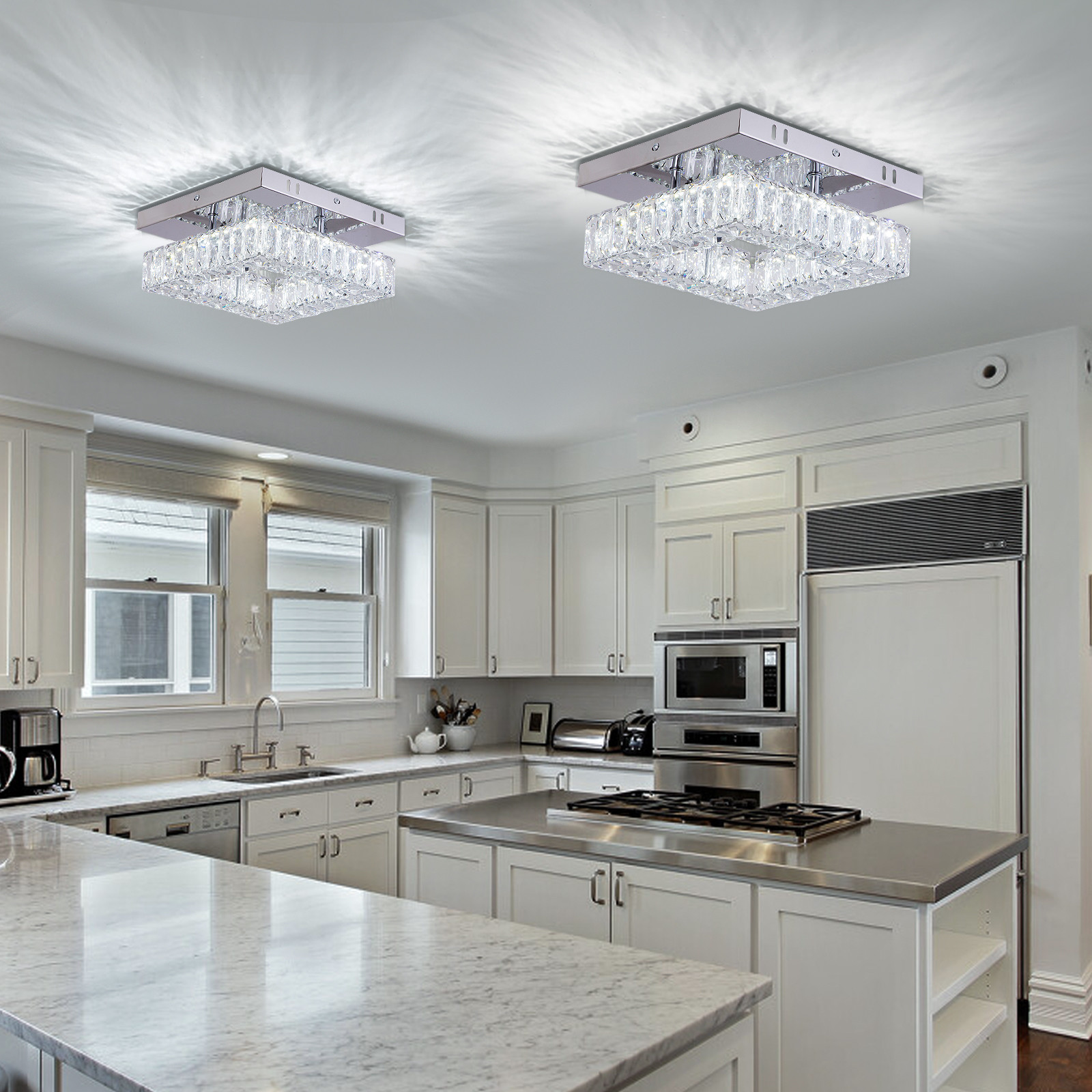 Square Flush Mount Crystal Chandelier Ceiling Fan For Kitchen Bathroom