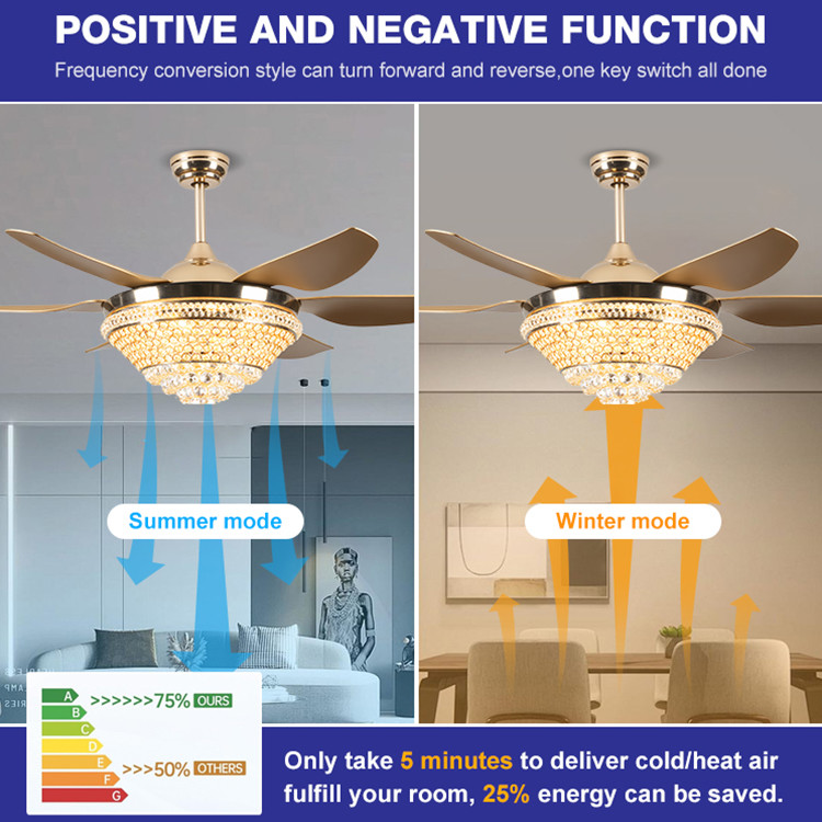Living Room Crystal LED Ceiling Fan 52 Inch Remote Control