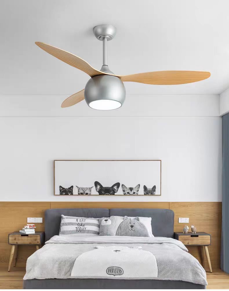 Gray Solid Wood Blade Ceiling Fan 52 Inch DC Motor Ceiling Fans With LED Lights