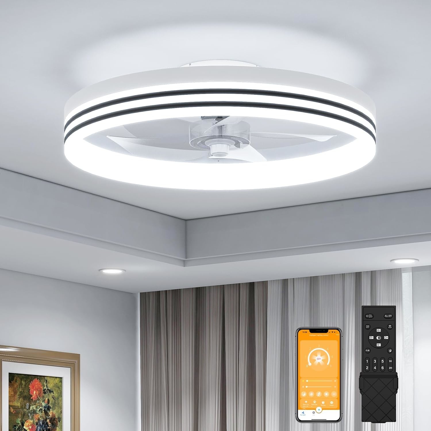 20 Inch 5 Blades 6 Wind Speeds Smart Low Profile Ceiling Fan Lights Flush Mount With APP Remote for Bedroom Living Room