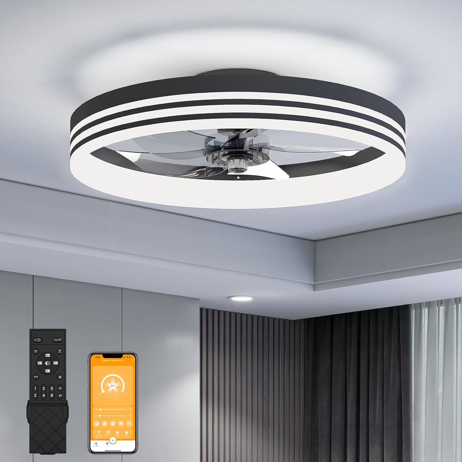 20 Inch 5 Blades 6 Wind Speeds Smart Low Profile Ceiling Fan Lights Flush Mount With APP Remote for Bedroom Living Room