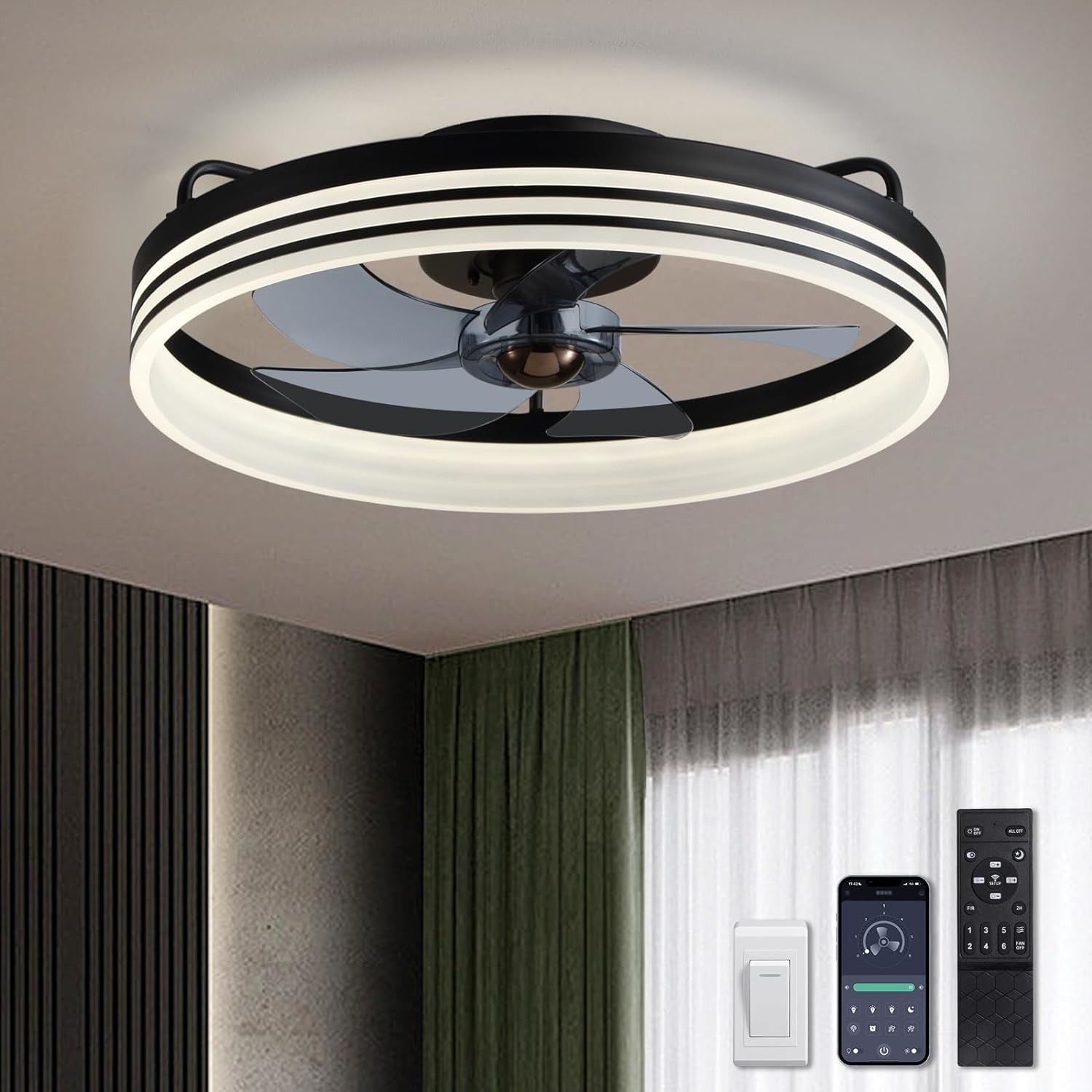20 Inch 5 Blades 6 Wind Speeds Smart Low Profile Ceiling Fan Lights Flush Mount With APP Remote for Bedroom Living Room