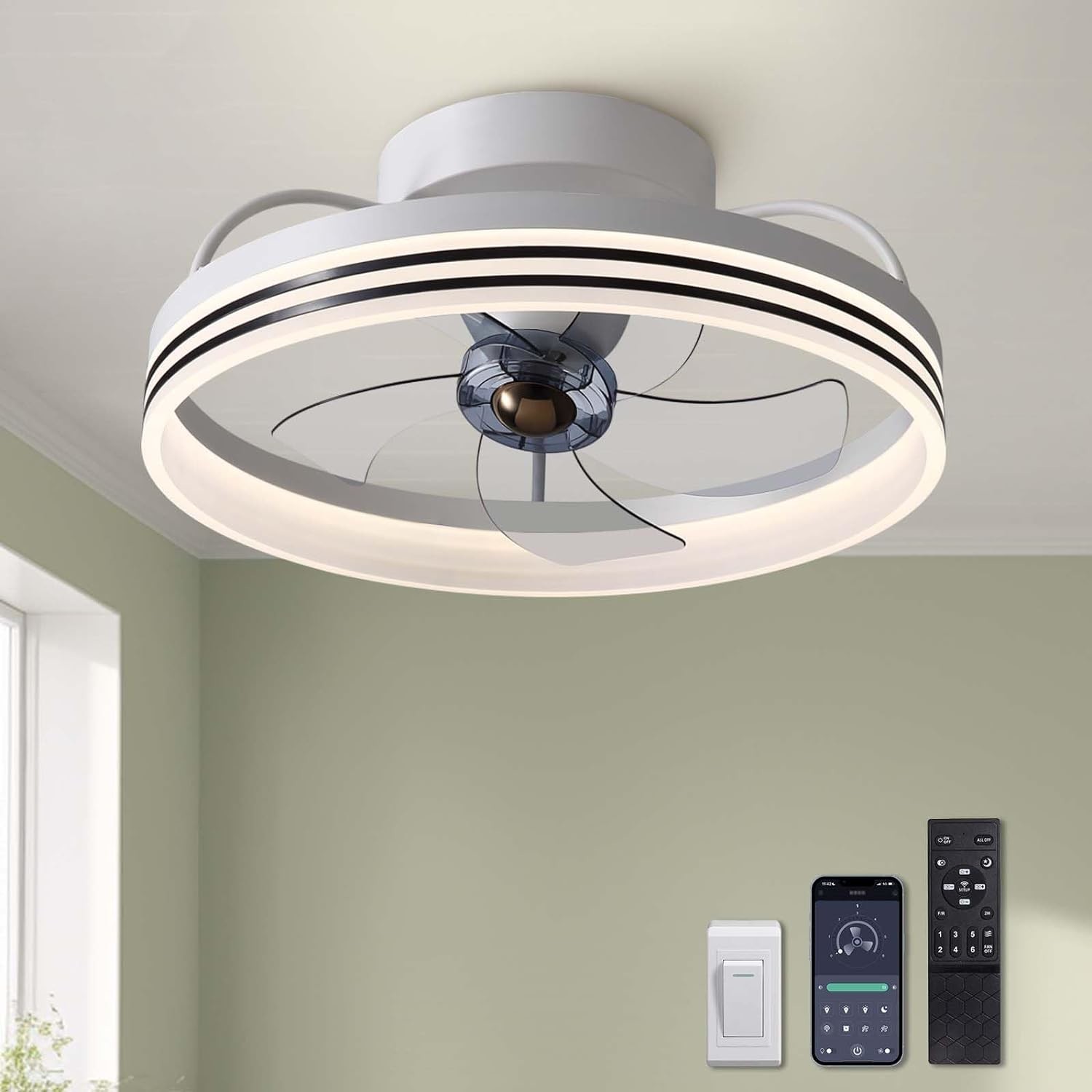 20 Inch 5 Blades 6 Wind Speeds Smart Low Profile Ceiling Fan Lights Flush Mount With APP Remote for Bedroom Living Room