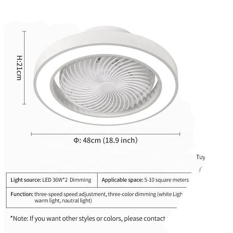 XD1 48cm Small Modern Bladeless Ceiling Fan with Led Light Remote Control Flush Mount Living Room Bedroom Children Invisible