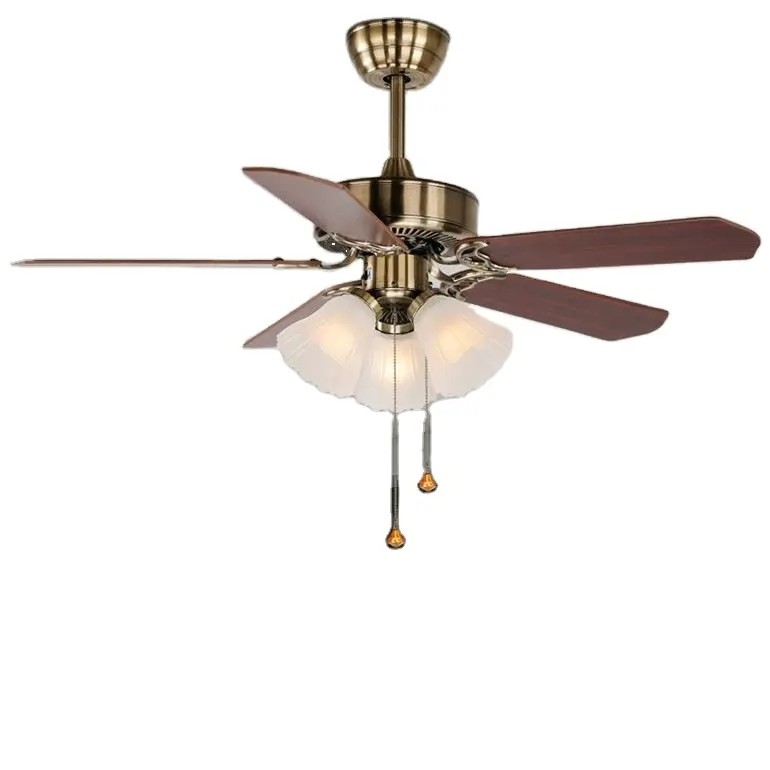 HFBH 208B Ac Dc Classic American Style 42/52 Inches Pull Chain Wood Remote Control Copper Chandelier Ceiling Fan with Light