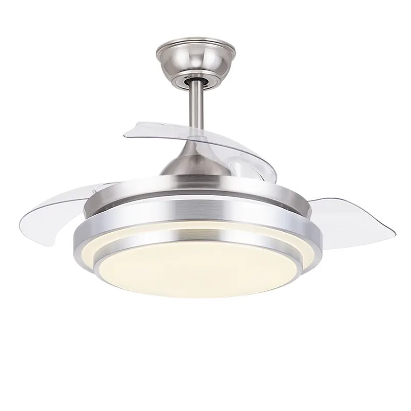 Modern 36 42 Inch Silver Retractable Ceiling Fan with LED Light 3 Blades Remote Control Switch Hidden Blades