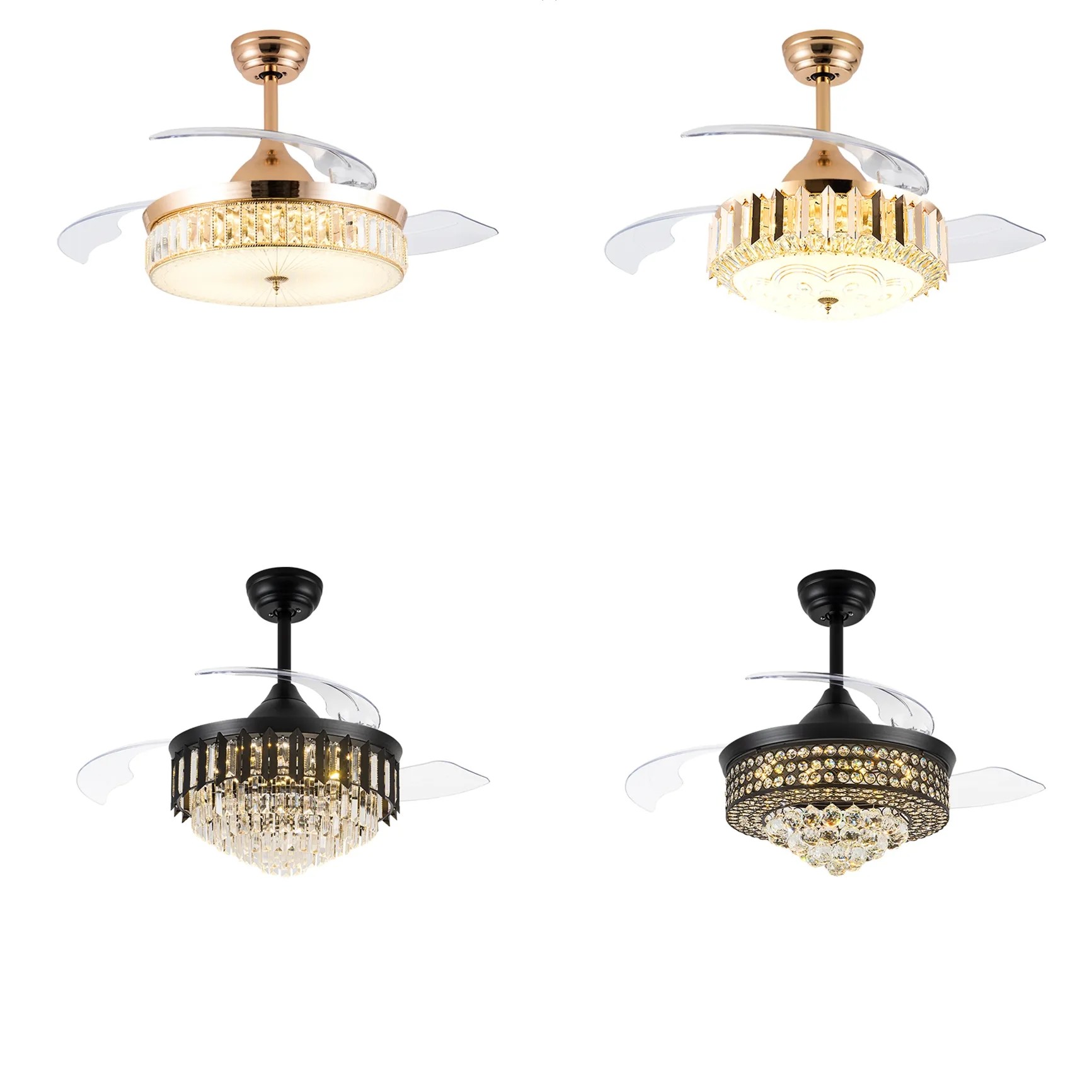 Tricolor Dimming Black Luxury Crystal Ceiling Fan Light with Remote Control