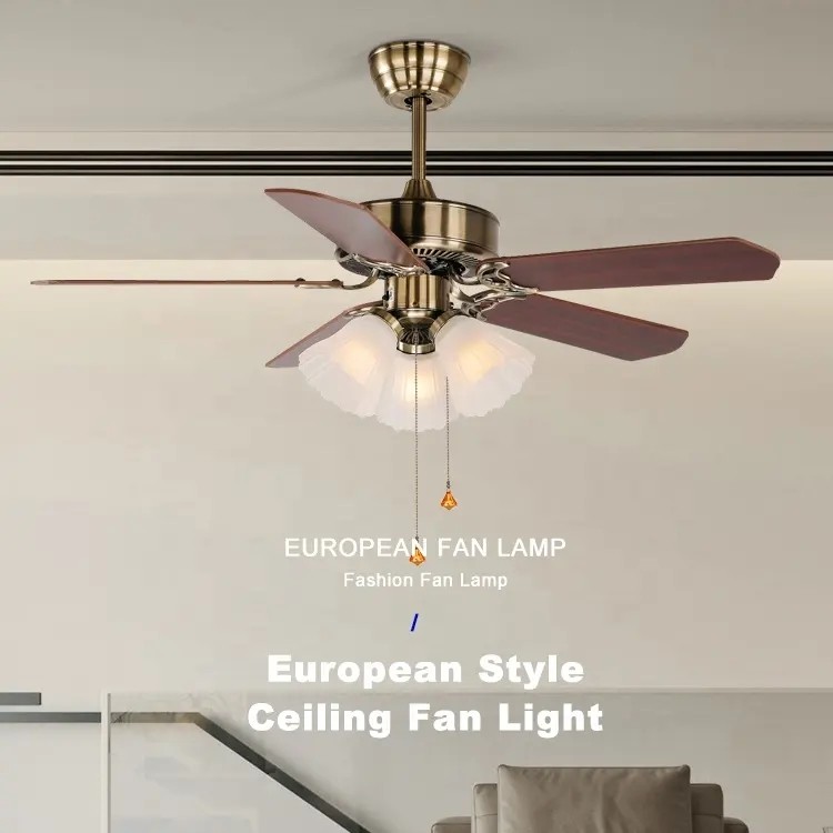 Modern European Luxury Decorative Solid Wood Blade Zipper 220V Ceiling Fan With Light