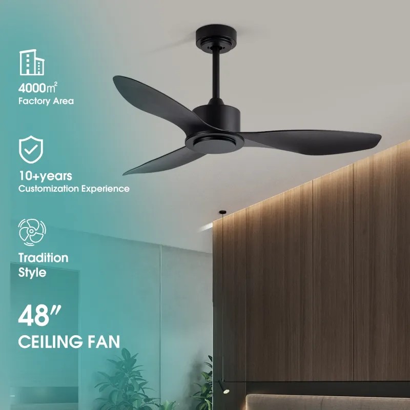 Mute Interior Office Home Remote Control ABS 3 Blades White Black Modern 48 Inch Ceiling Fan