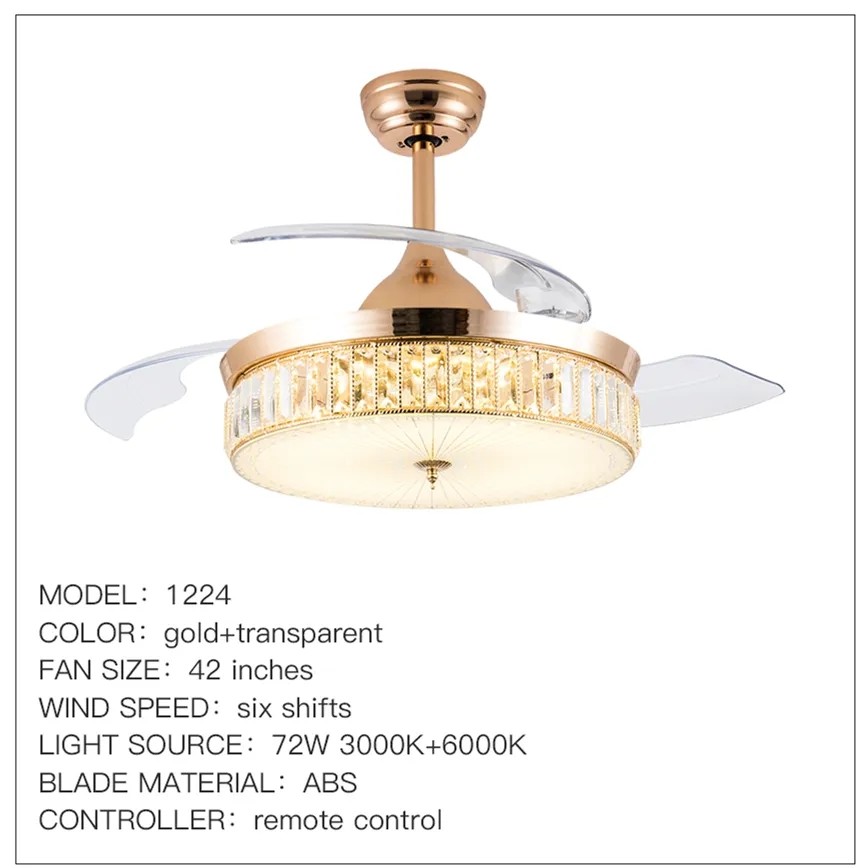 Tricolor Dimming Black Luxury Crystal Ceiling Fan Light with Remote Control