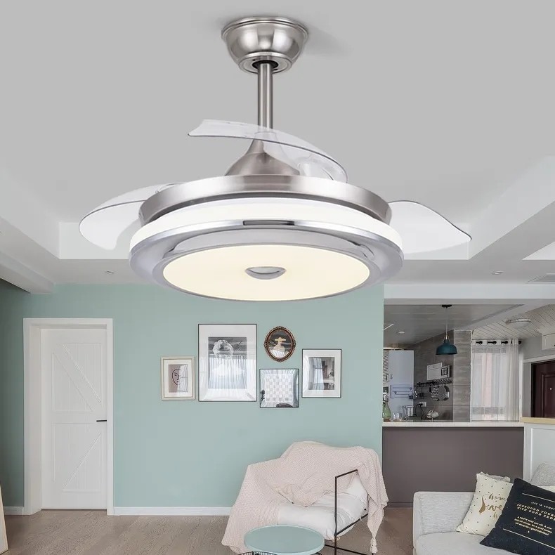 Modern 36 42 Inch Silver Retractable Ceiling Fan with LED Light 3 Blades Remote Control Switch Hidden Blades