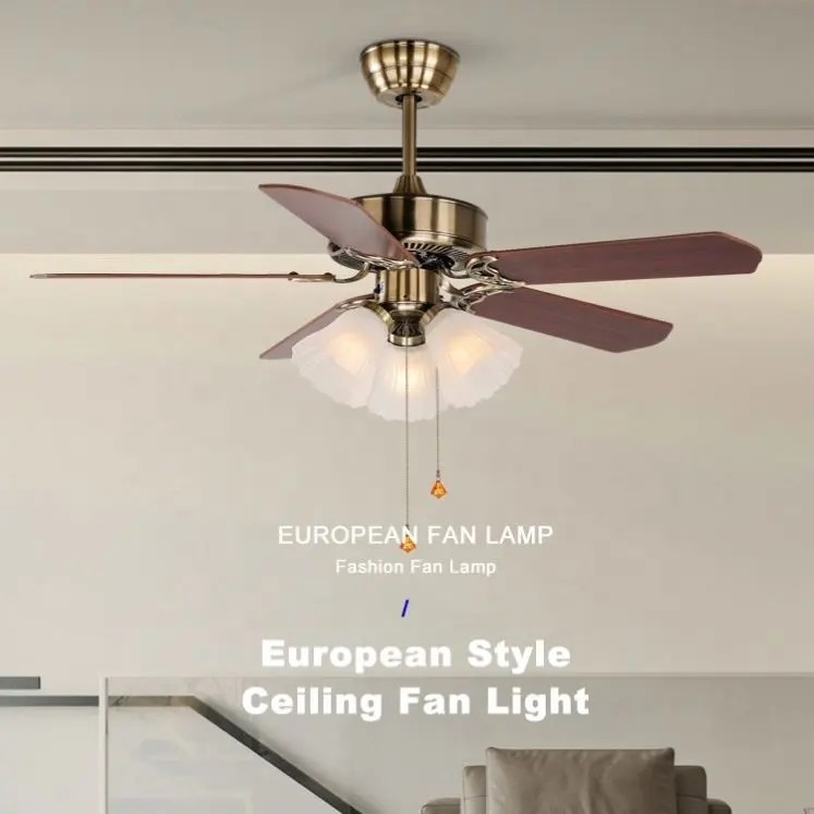 HFBH 208B Ac Dc Classic American Style 42/52 Inches Pull Chain Wood Remote Control Copper Chandelier Ceiling Fan with Light