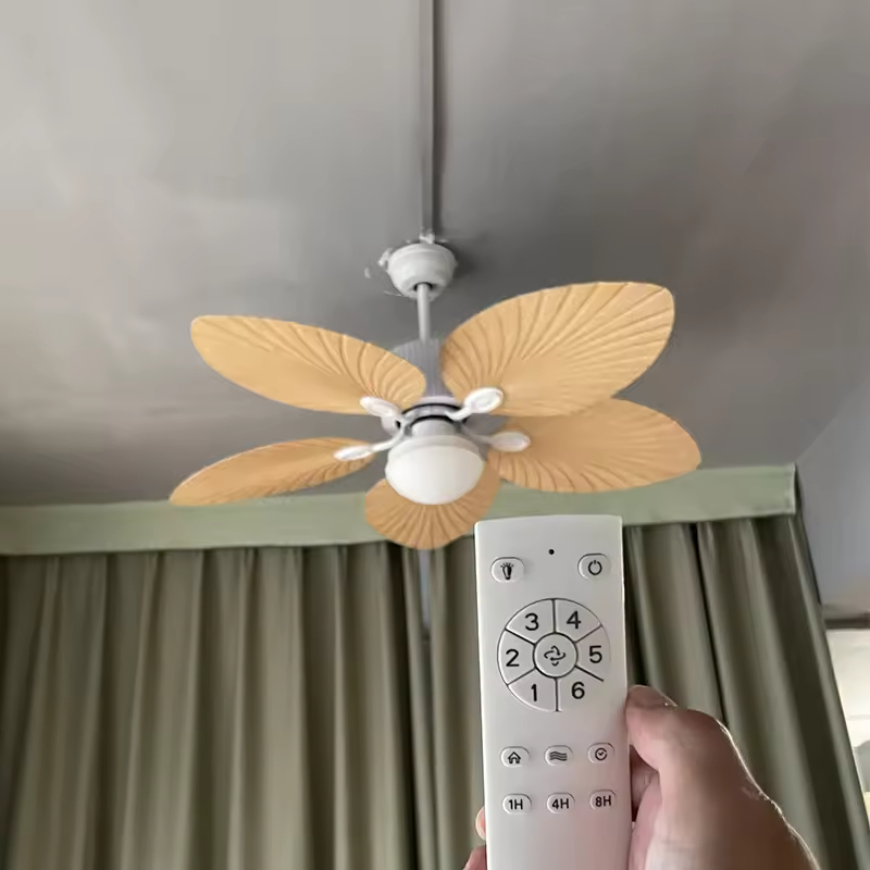 220v Tropical Retro Decorative Fancy Fan Ceilling 5 ABS Palm Leaf Blades Dc Bldc Remote Control Celling Fan With Light