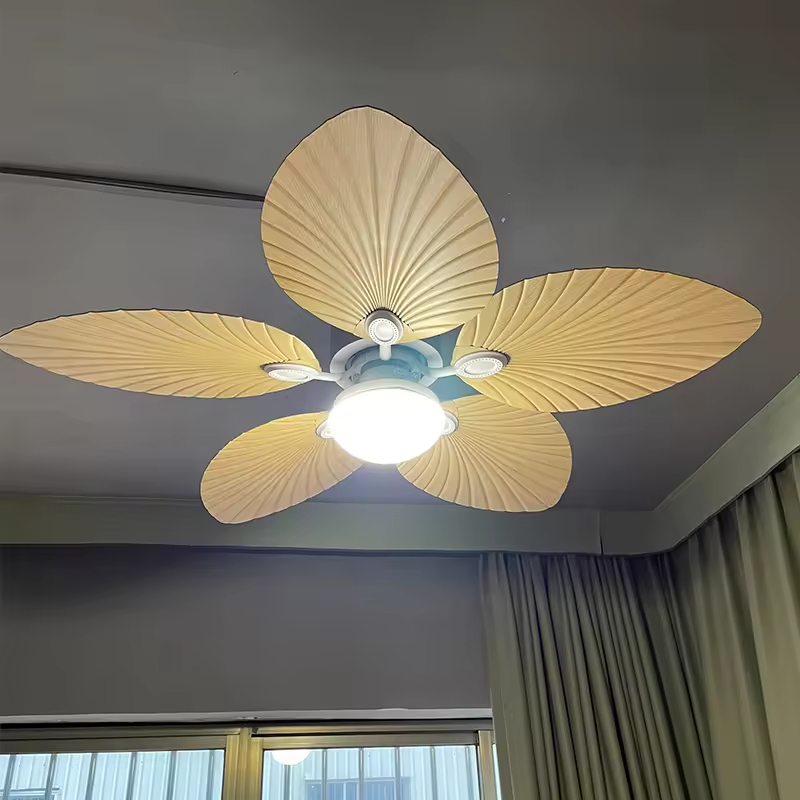 220v Tropical Retro Decorative Fancy Fan Ceilling 5 ABS Palm Leaf Blades Dc Bldc Remote Control Celling Fan With Light